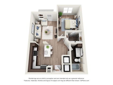 Floor plan for 1 bed, 1 bath, 768 sqft